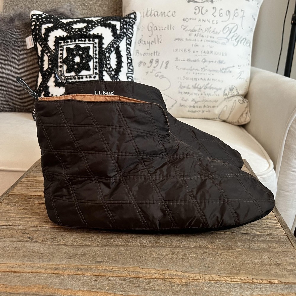 L.L. Bean Slippers Mens Size 9.5 Brown Quilted Nylon Bootie House Shoes Cozy - Picture 5 of 8